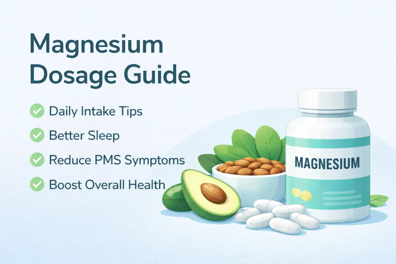 Magnesium dosage guide showing daily intake tips, sleep support, and magnesium supplement benefits