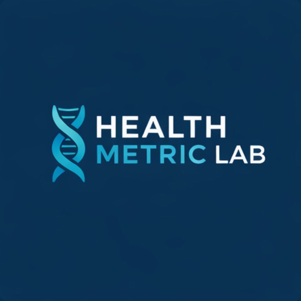 Health Metric Lab professional logo featuring scientific lab and wellness branding in blue and green colors