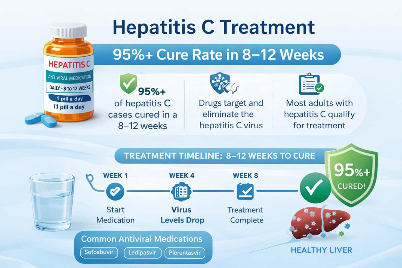 Infographic showing Antiviral Medication for Hepatitis C treatment with 95% cure rate, 8 to 12 week timeline, and commonly used antiviral medications