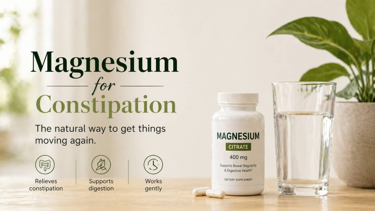 Best Magnesium for constipation supplement showing magnesium citrate bottle with water glass, highlighting natural digestive relief and bowel regularity support