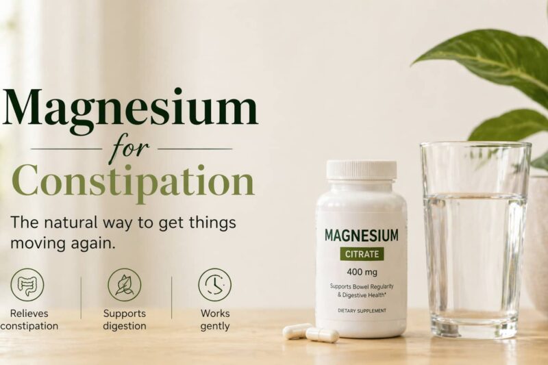 Best Magnesium for constipation supplement showing magnesium citrate bottle with water glass, highlighting natural digestive relief and bowel regularity support