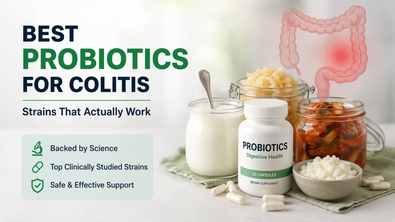 Best probiotics for colitis showing probiotic supplements and fermented foods with digestive health illustration
