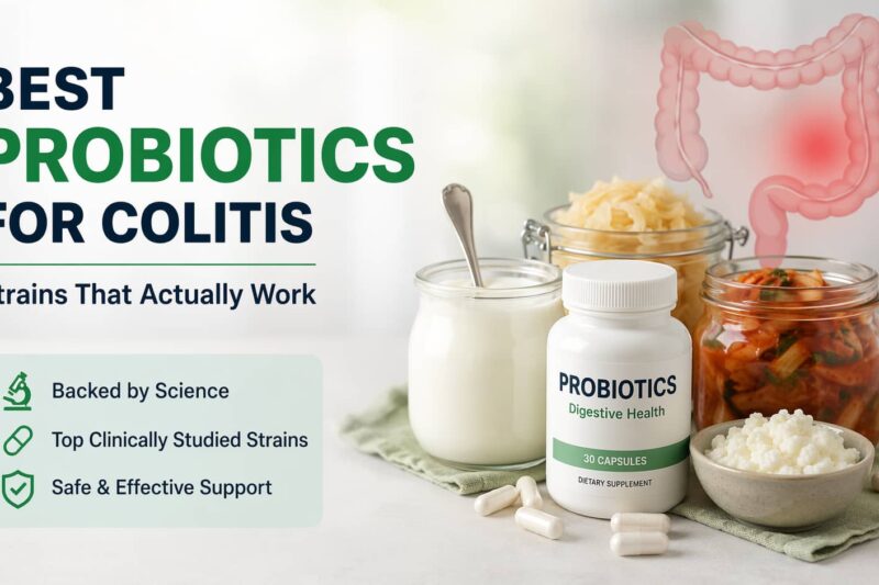 Best probiotics for colitis showing probiotic supplements and fermented foods with digestive health illustration