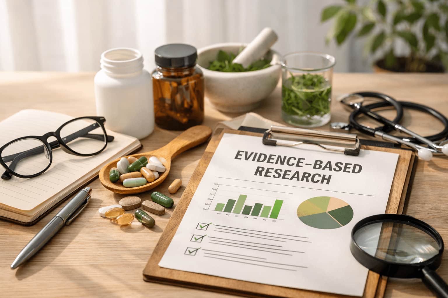 About Health Metric Lab research setup with capsules, notebook, stethoscope, and analysis chart on a wooden desk