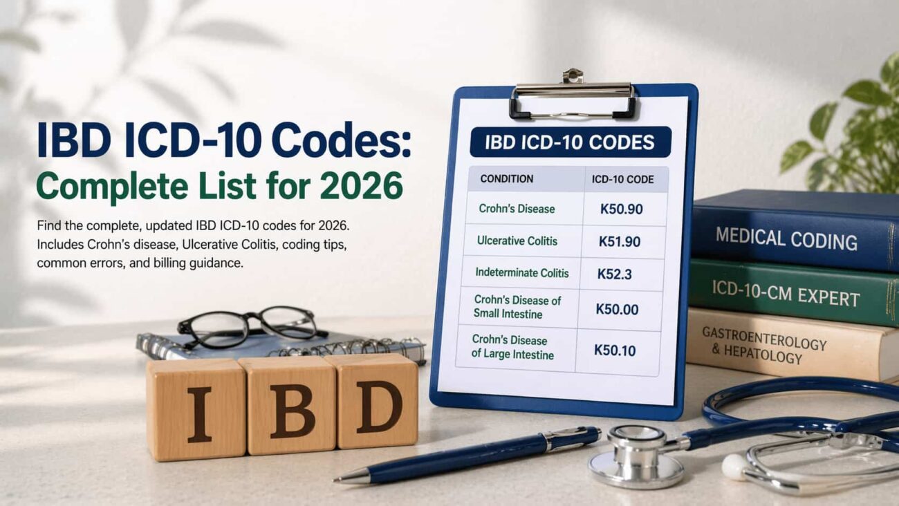 IBD ICD-10 codes infographic showing Crohn’s disease, ulcerative colitis, and indeterminate colitis codes for 2026