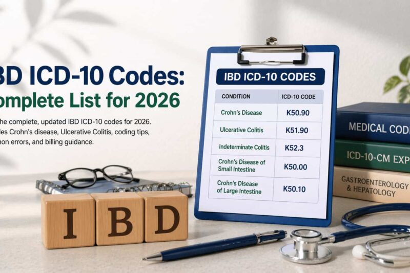 IBD ICD-10 codes infographic showing Crohn’s disease, ulcerative colitis, and indeterminate colitis codes for 2026