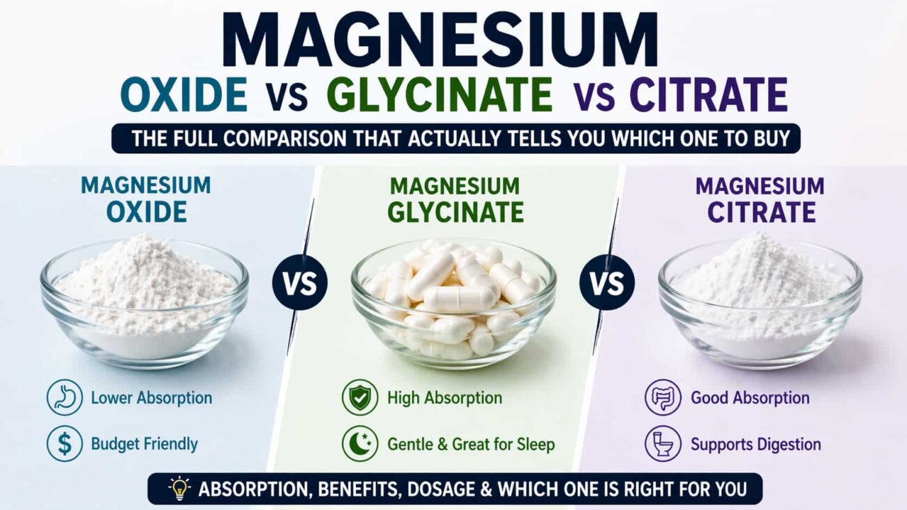Magnesium oxide vs glycinate vs citrate comparison showing absorption levels, benefits, and which magnesium supplement is best for sleep, digestion, and deficiency