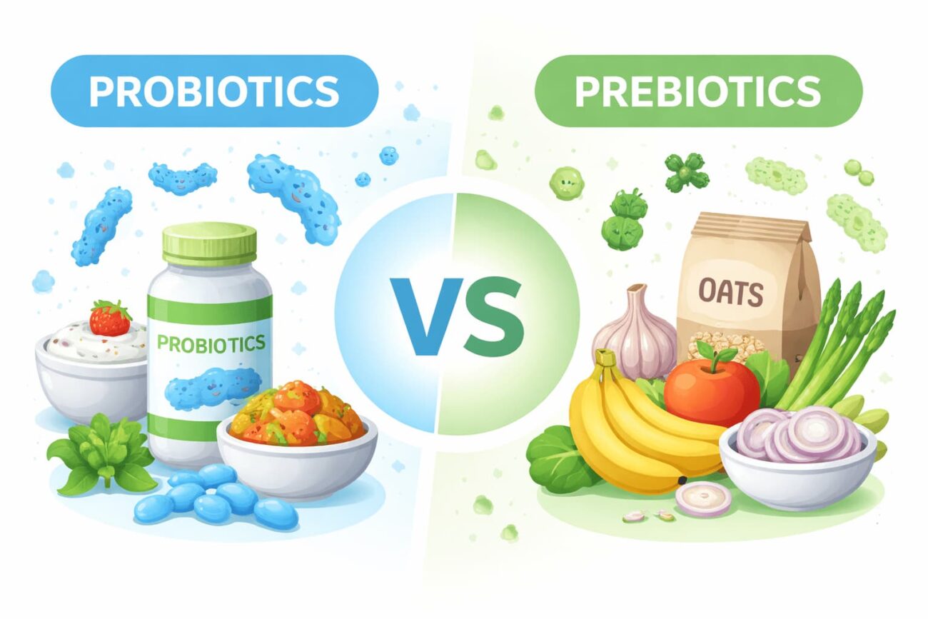 Probiotics vs prebiotics infographic showing probiotic supplements and prebiotic foods that support gut health