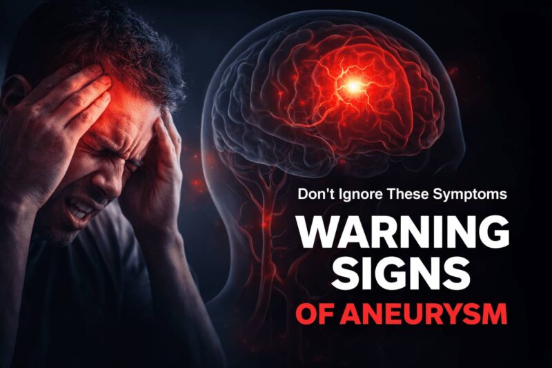Symptoms of an aneurysm showing severe headache pain with highlighted brain aneurysm warning signs