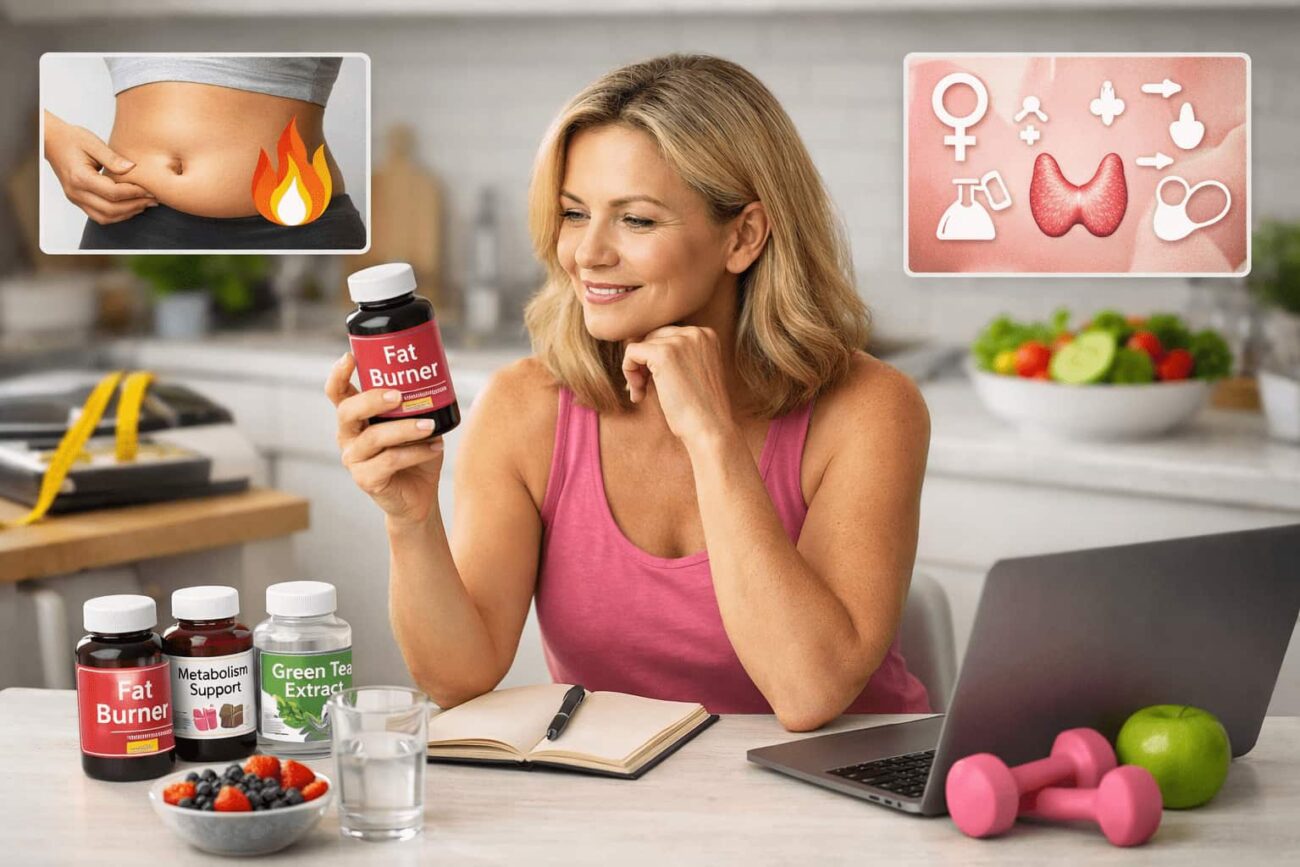 woman over 40 checking fat burner supplements with healthy foods and fitness items supporting metabolism and weight management