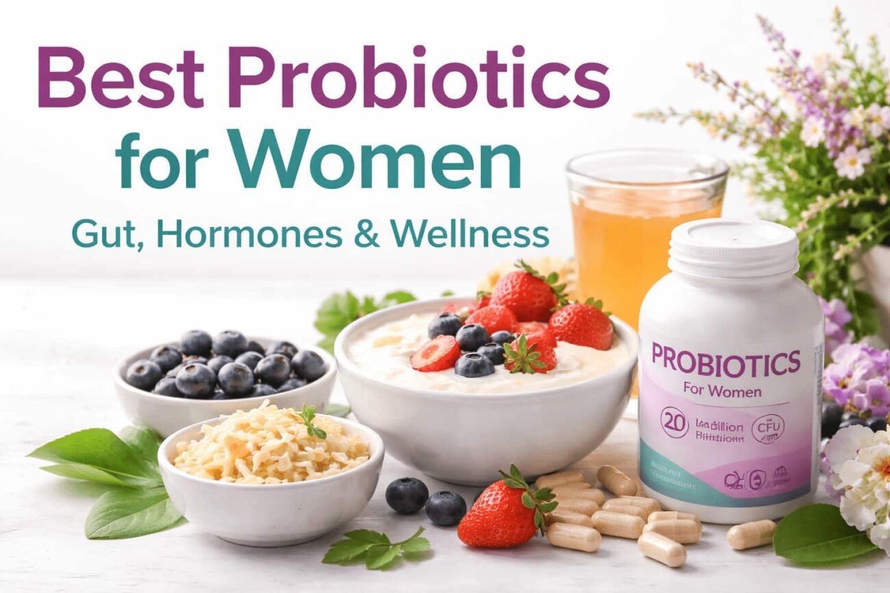 best probiotics for women supplement with yogurt, berries, and fermented foods supporting gut health