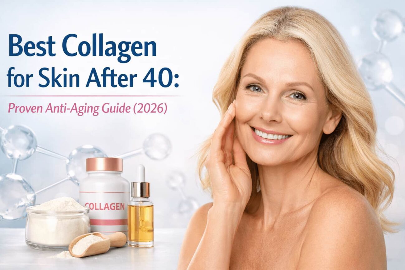 Woman with glowing skin using collagen supplements and serum for anti-aging after 40