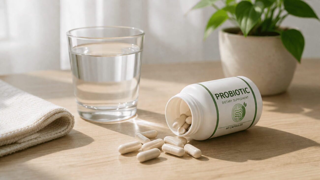 Probiotic supplement bottle with capsules and labels showing bloating, gas, and diarrhea as common probiotic side effects