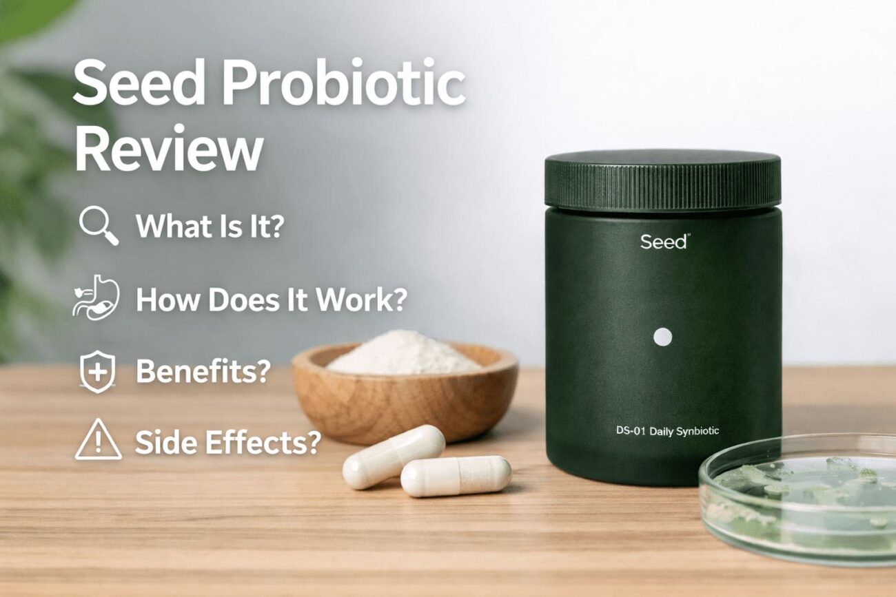 Seed Probiotic Review showing DS-01 Daily Synbiotic capsules and benefits for gut health and digestion